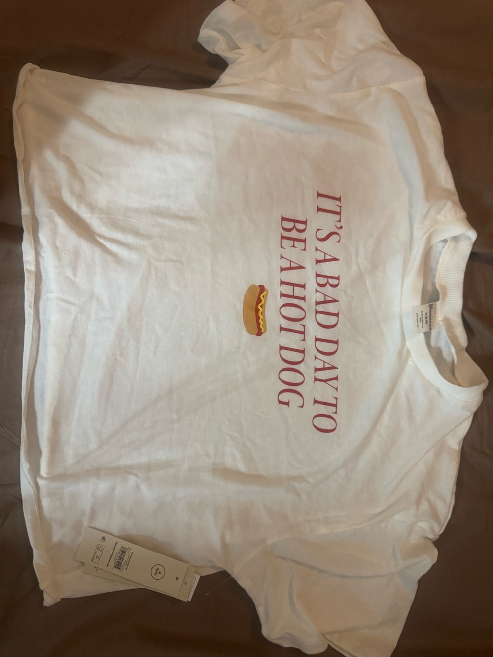 No Boundaries White Graphic Tee with Red Text and Yellow Hot Dog
